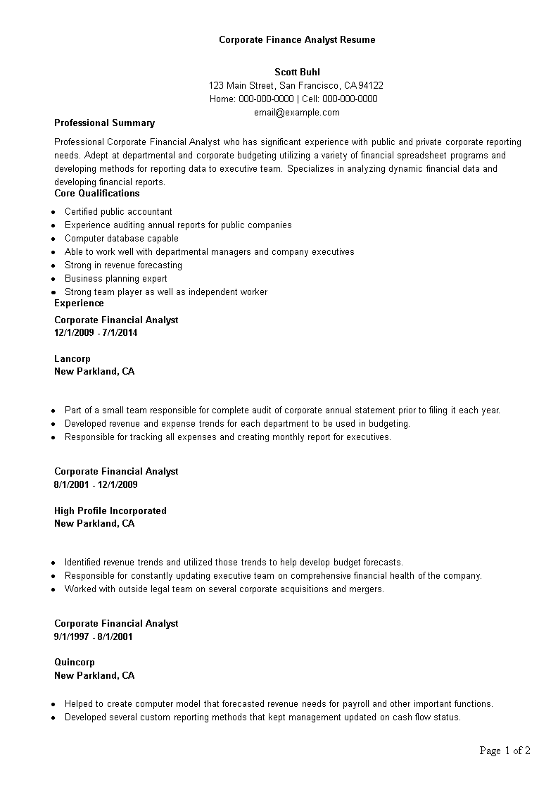 corporate finance analyst resume modèles