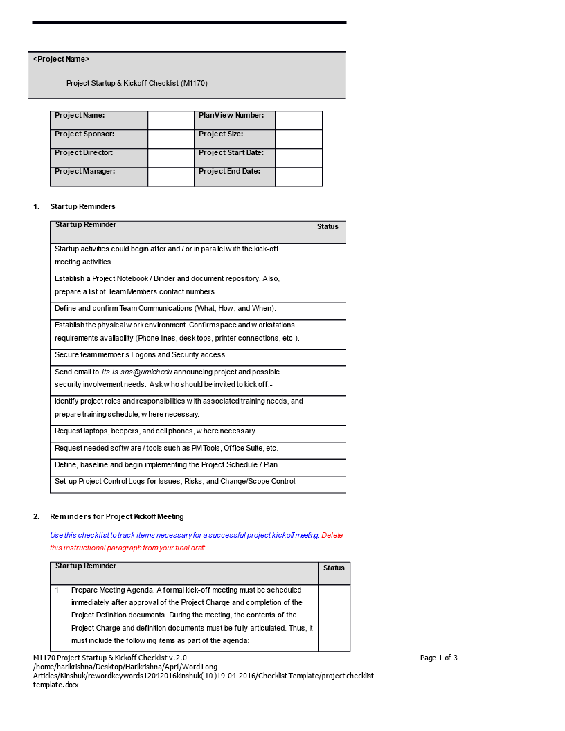 Project Checklist Word Format 模板