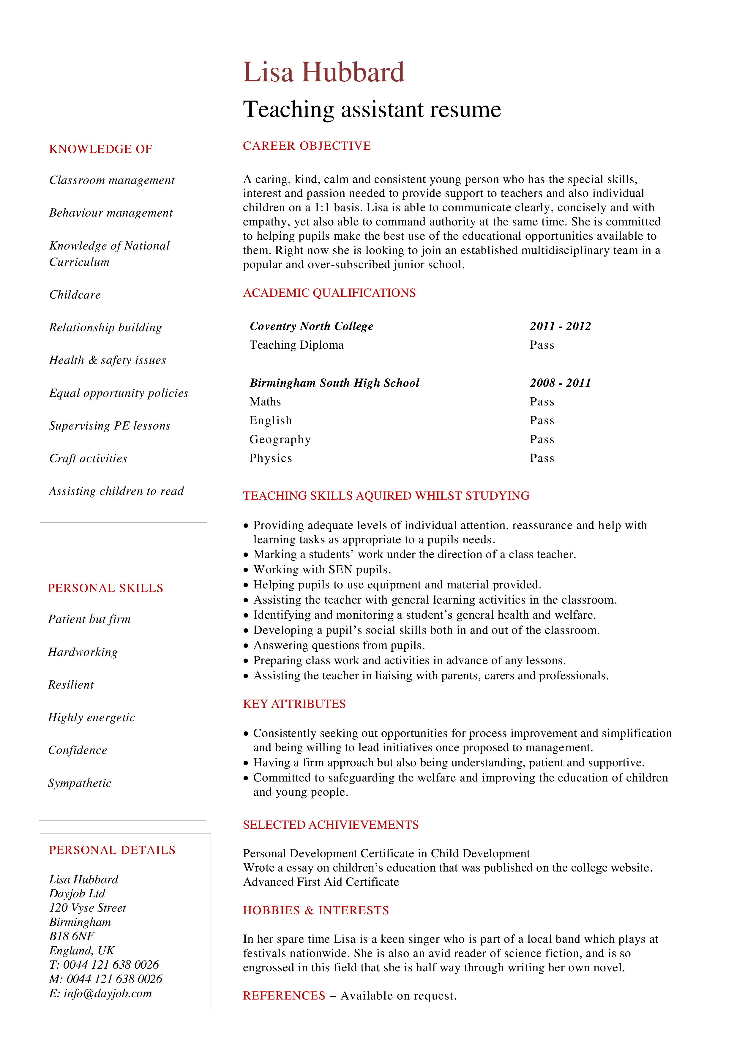 teacher assistant resume sample