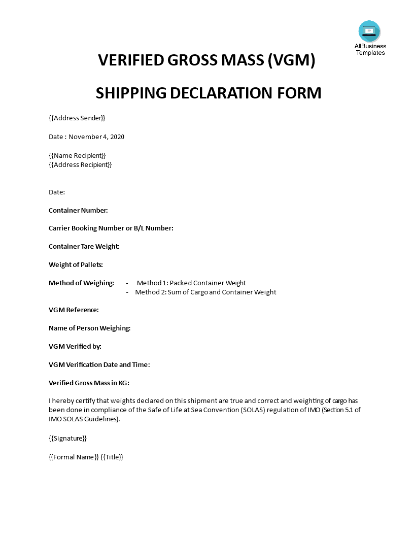 verified gross mass shipping declaration format Hauptschablonenbild