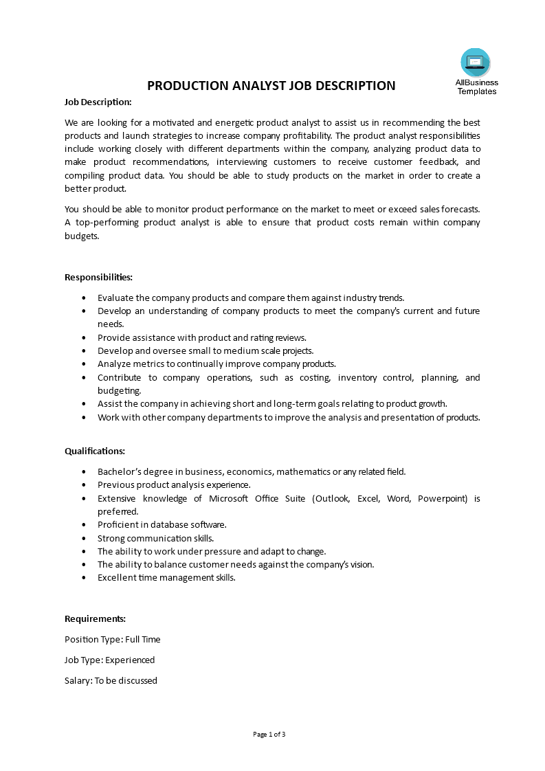 production analyst job description modèles