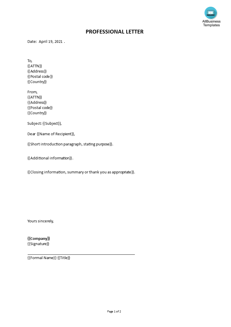 sample professional cover letter template