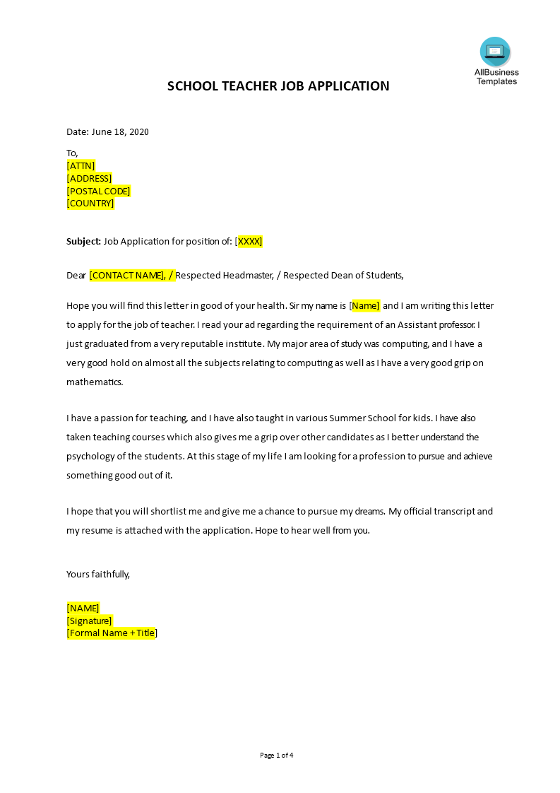 job application letter for school teacher template