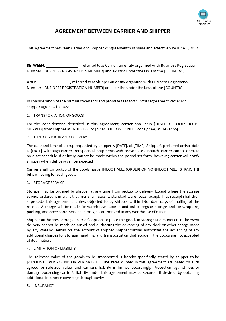 agreement between carrier and shipper modèles