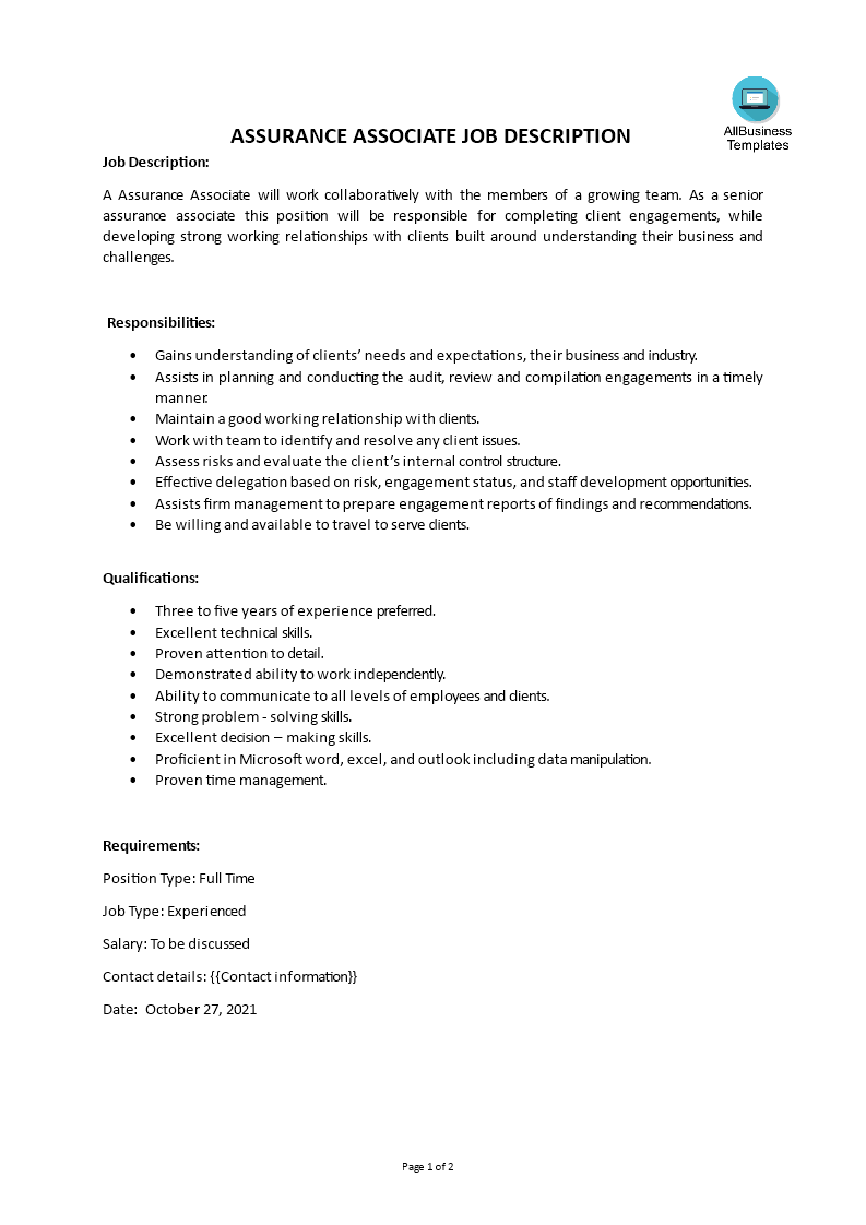 Assurance Associate Job Description 模板