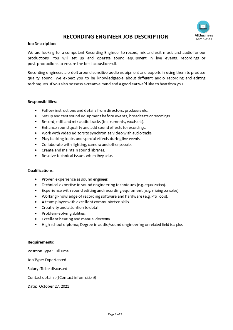 recording engineer job description voorbeeld afbeelding 