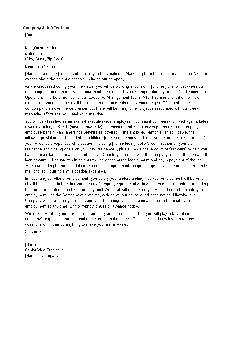 company job offer letter modèles