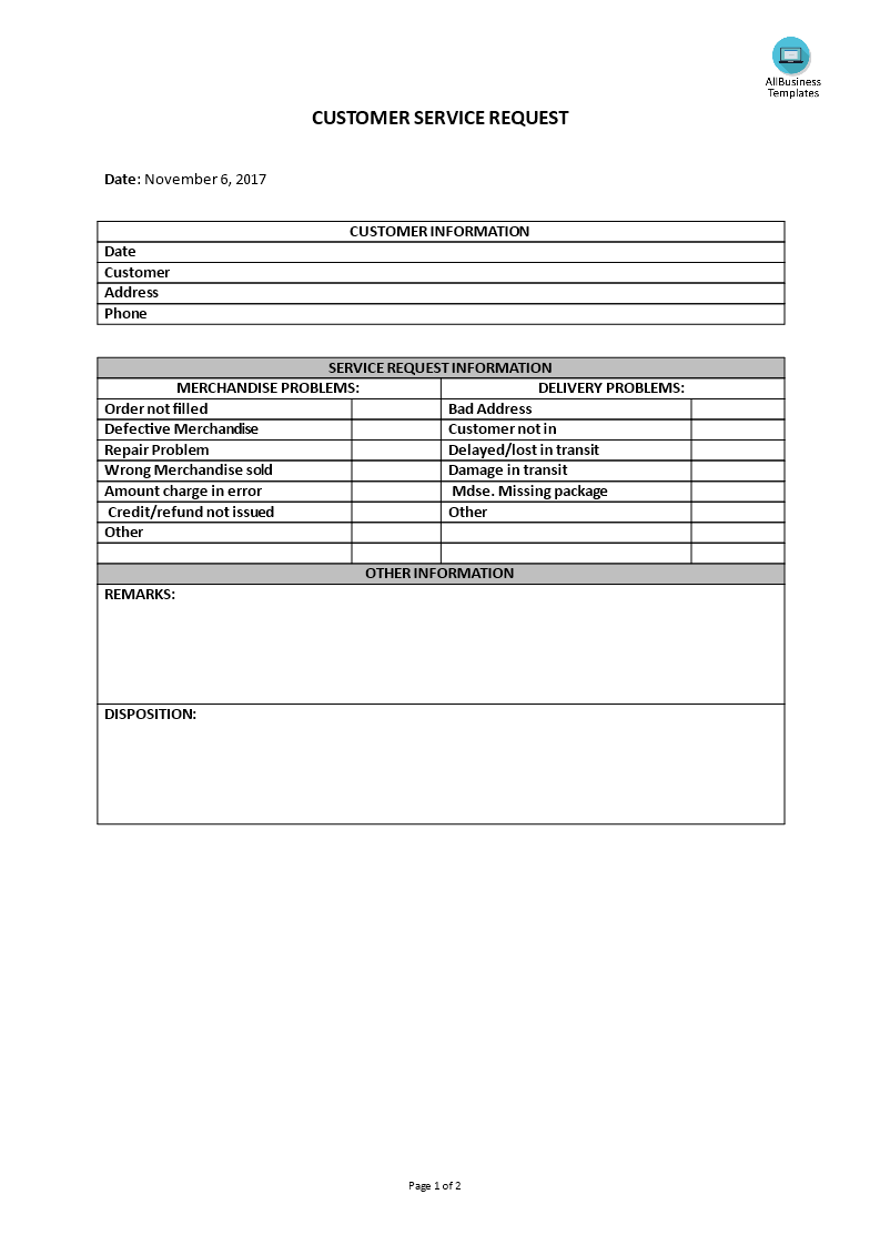 customer service request form template