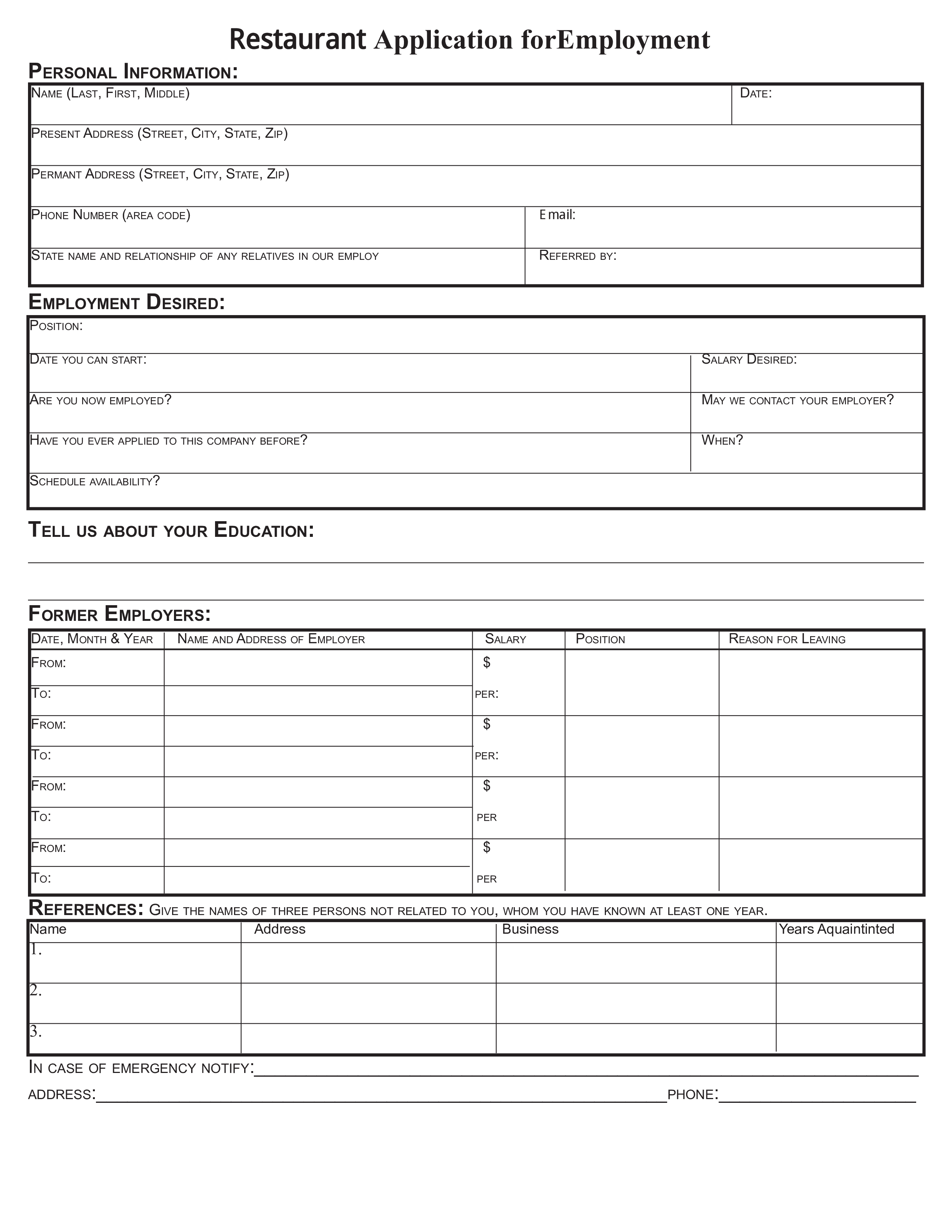 restaurant job application form template