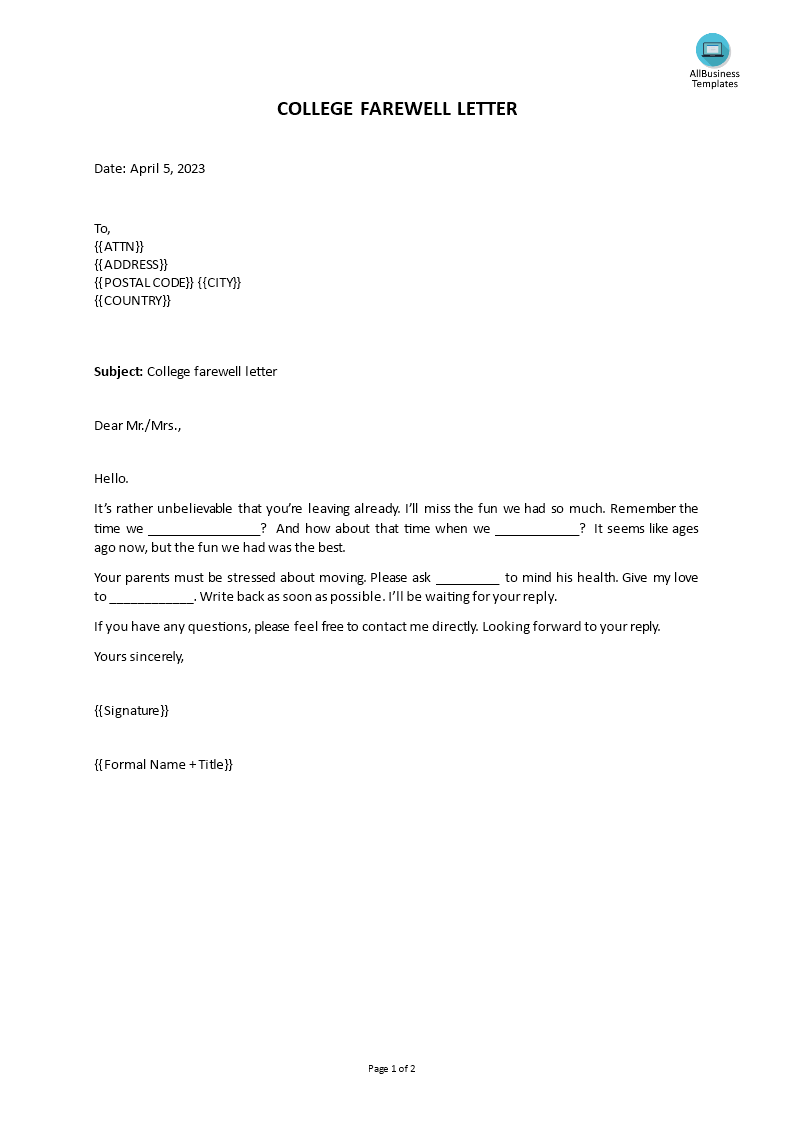 college farewell letter template