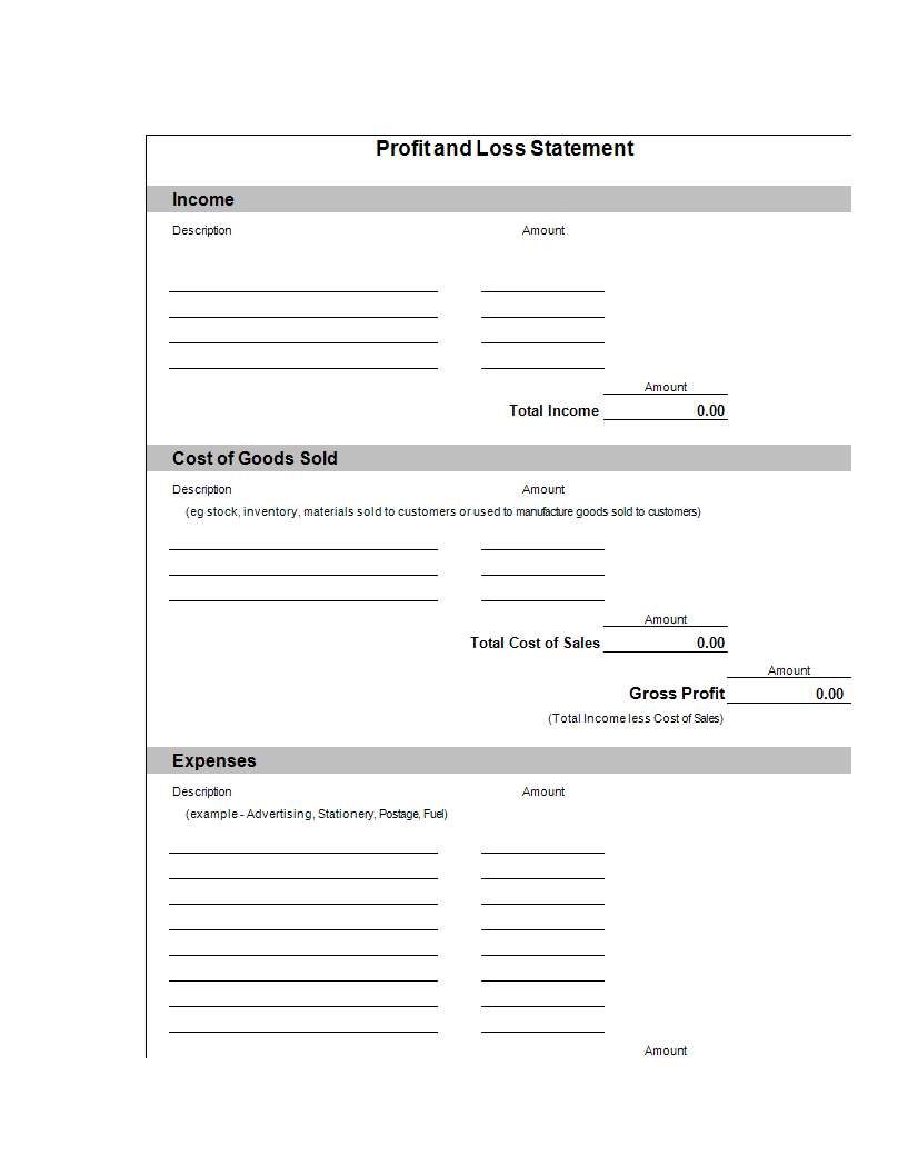 profit and loss account statement xls template