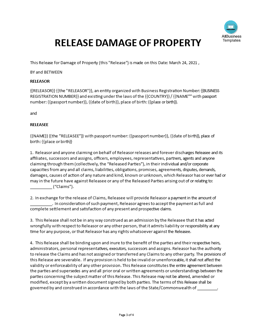 Release Waiver Agreement Damage To Property 模板