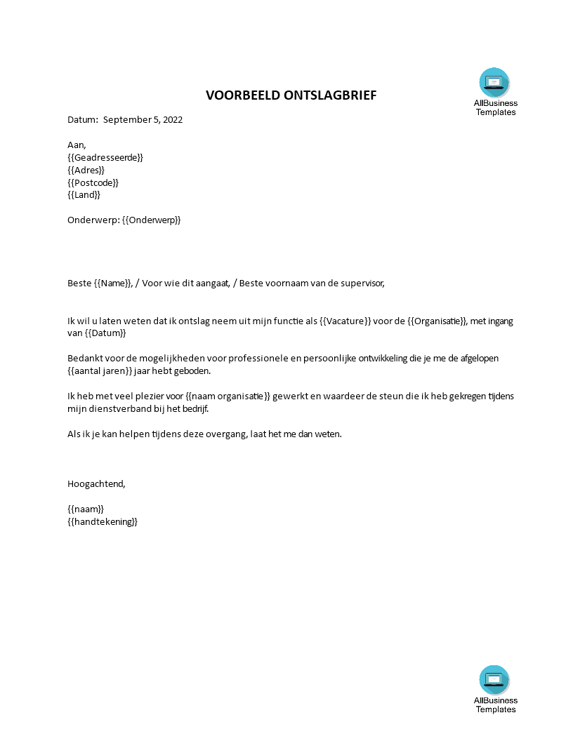 modelbrief ontslag opzeggen baan template