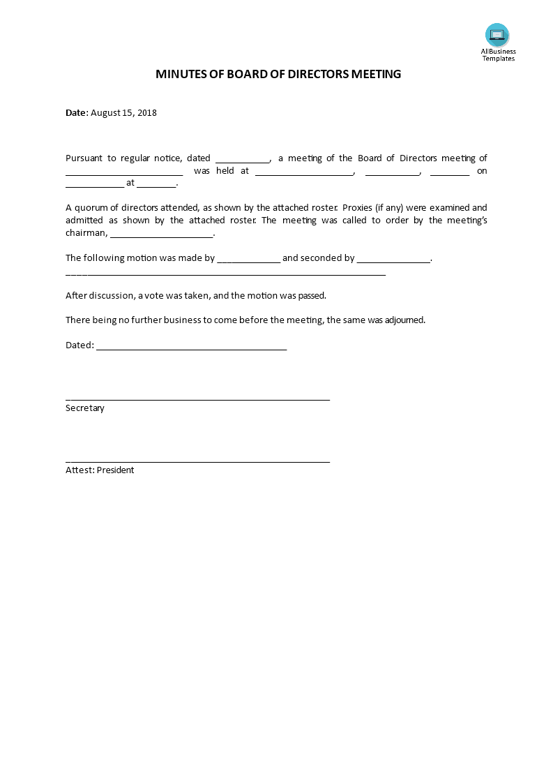 minutes of board of directors meeting template