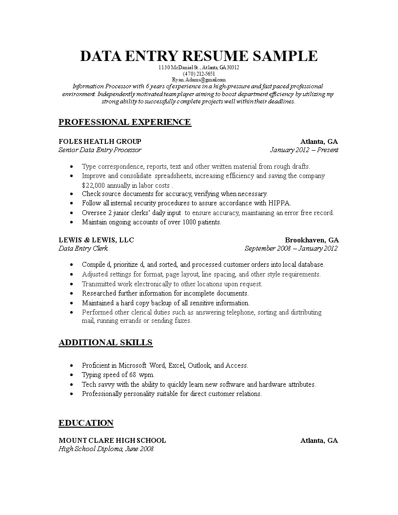 functional resume data entry