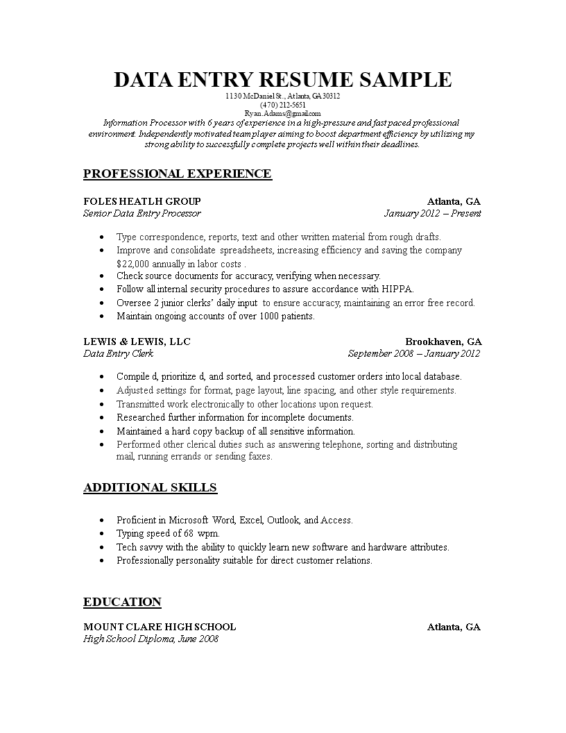 Sample Data Entry Resume Templates At Allbusinesstemplates