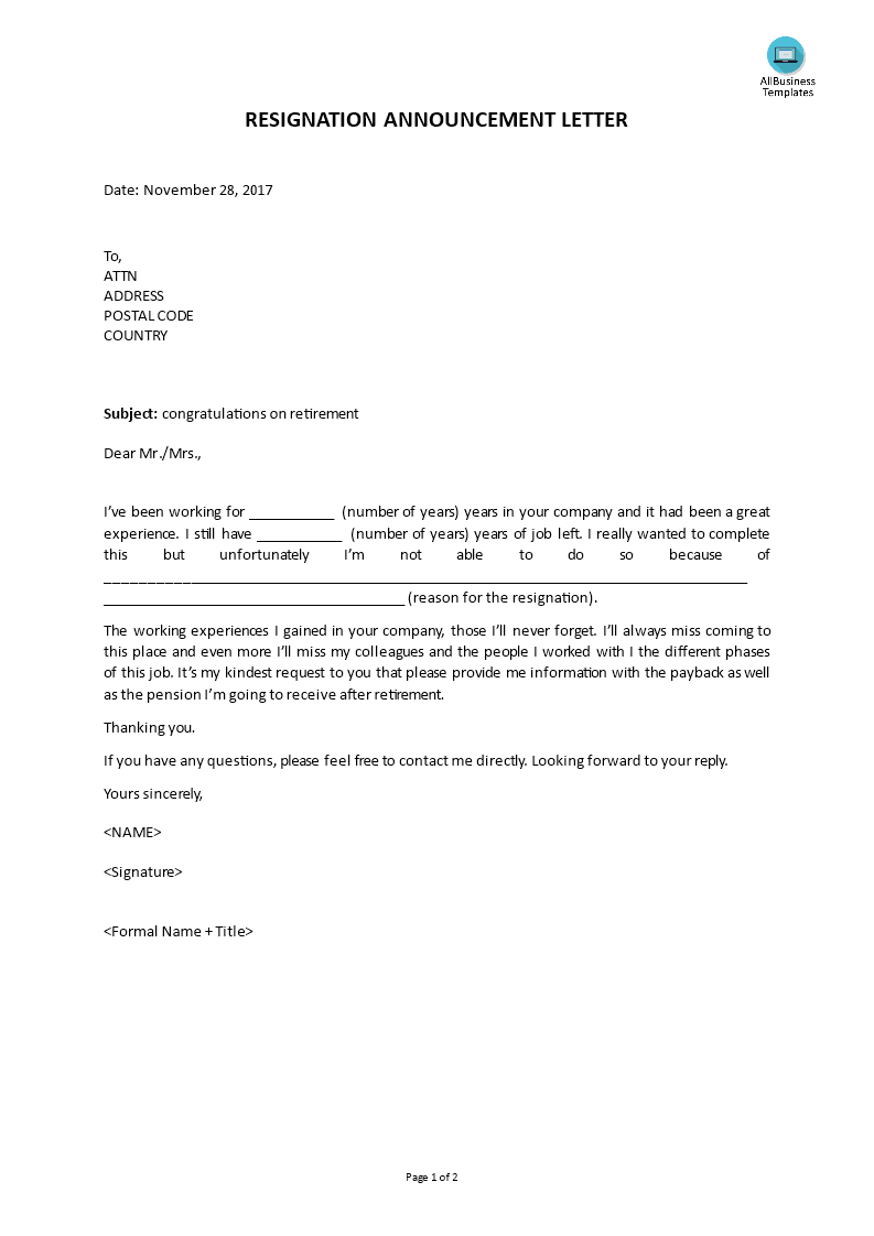 Retirement Announcement Letter | Templates at ...