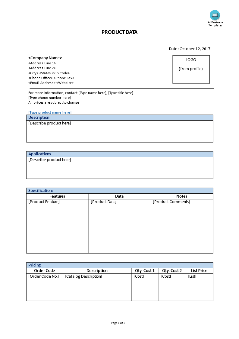 Product Data Sheet Templates at