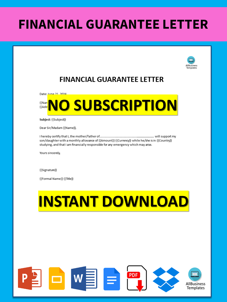 Financial Guarantee Letter  Templates at allbusinesstemplates.com