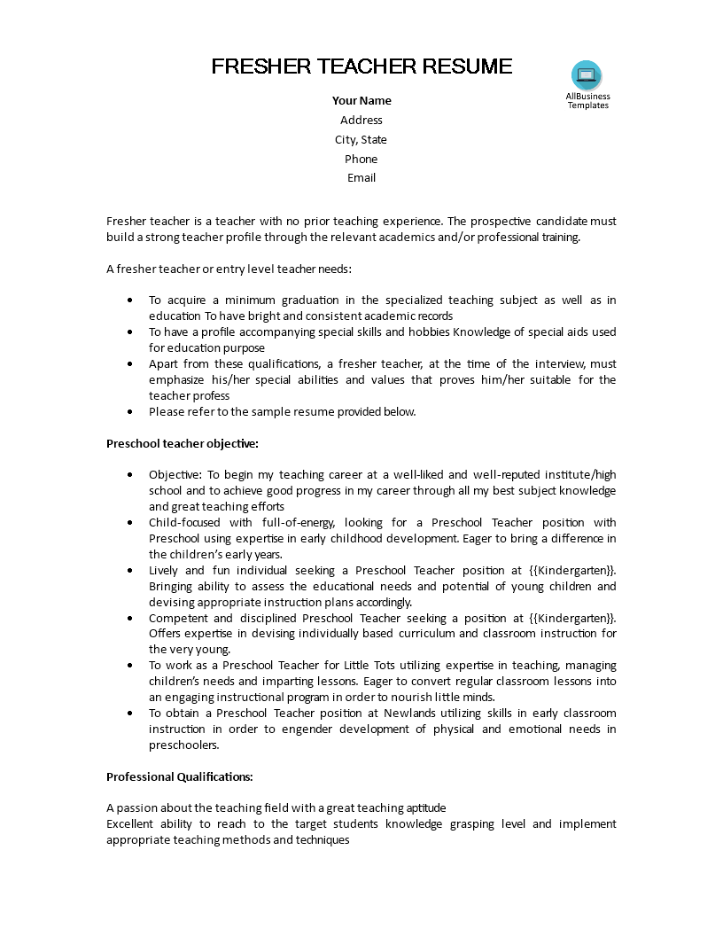 Preschool Teacher Resume Without Experience main image