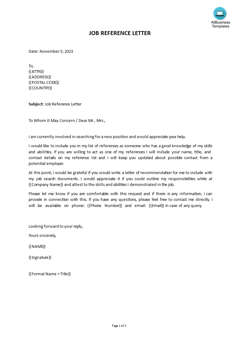 request for recommendation letter for job template