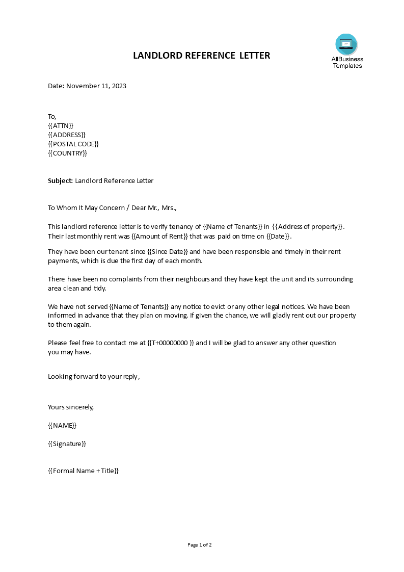 Landlord Reference Letter | Templates at ...