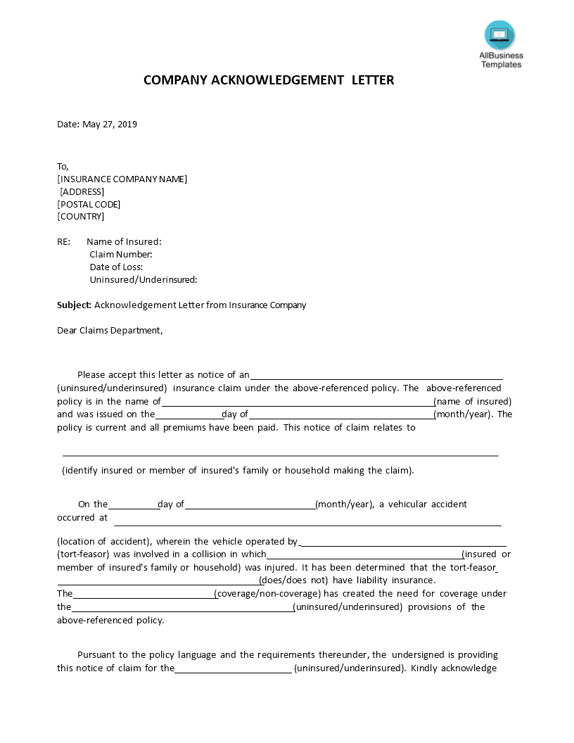 insurance letter template Kostenloses Acknowledgement Letter from Insurance Company