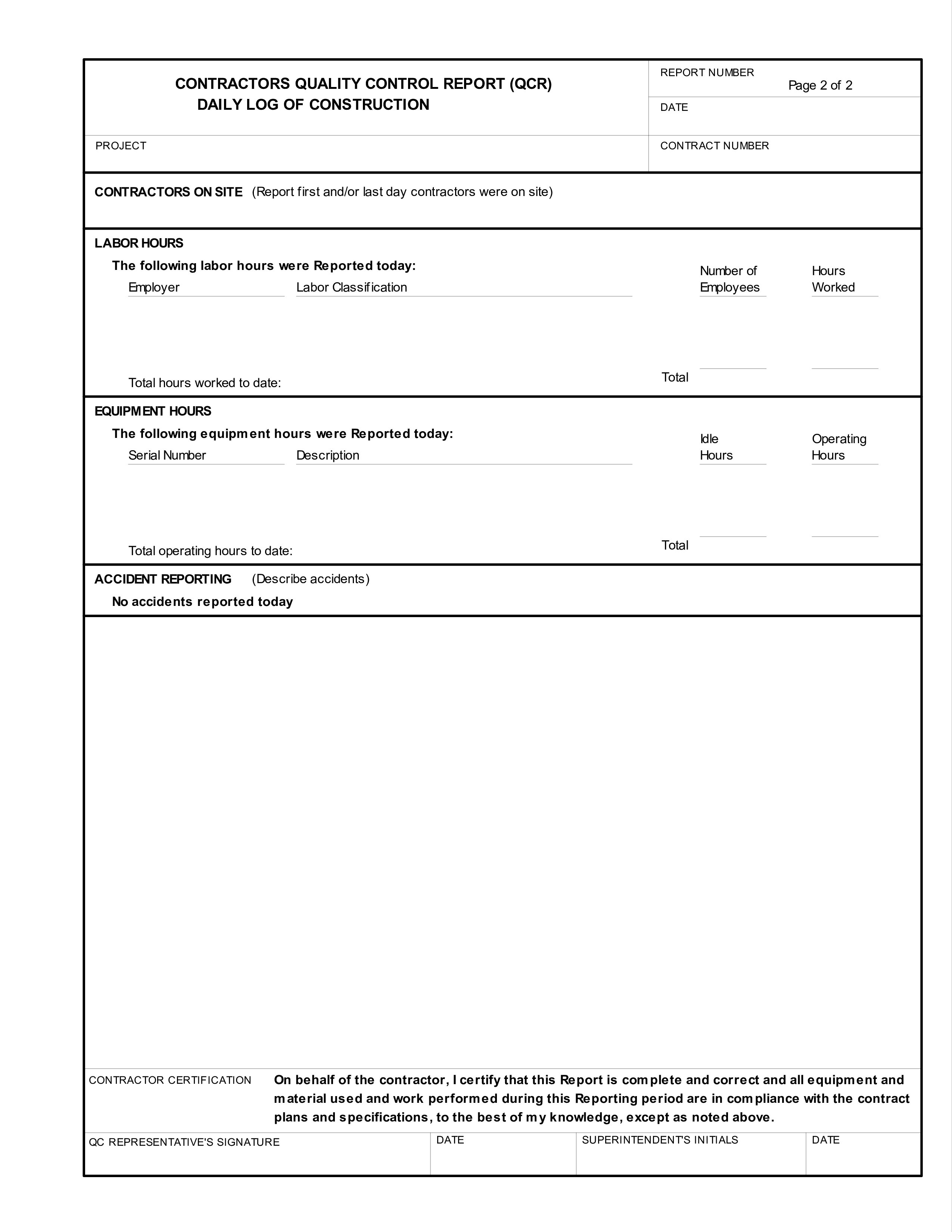 Kostenloses Construction Contractor Quality Control Report Intended For Construction Deficiency Report Template