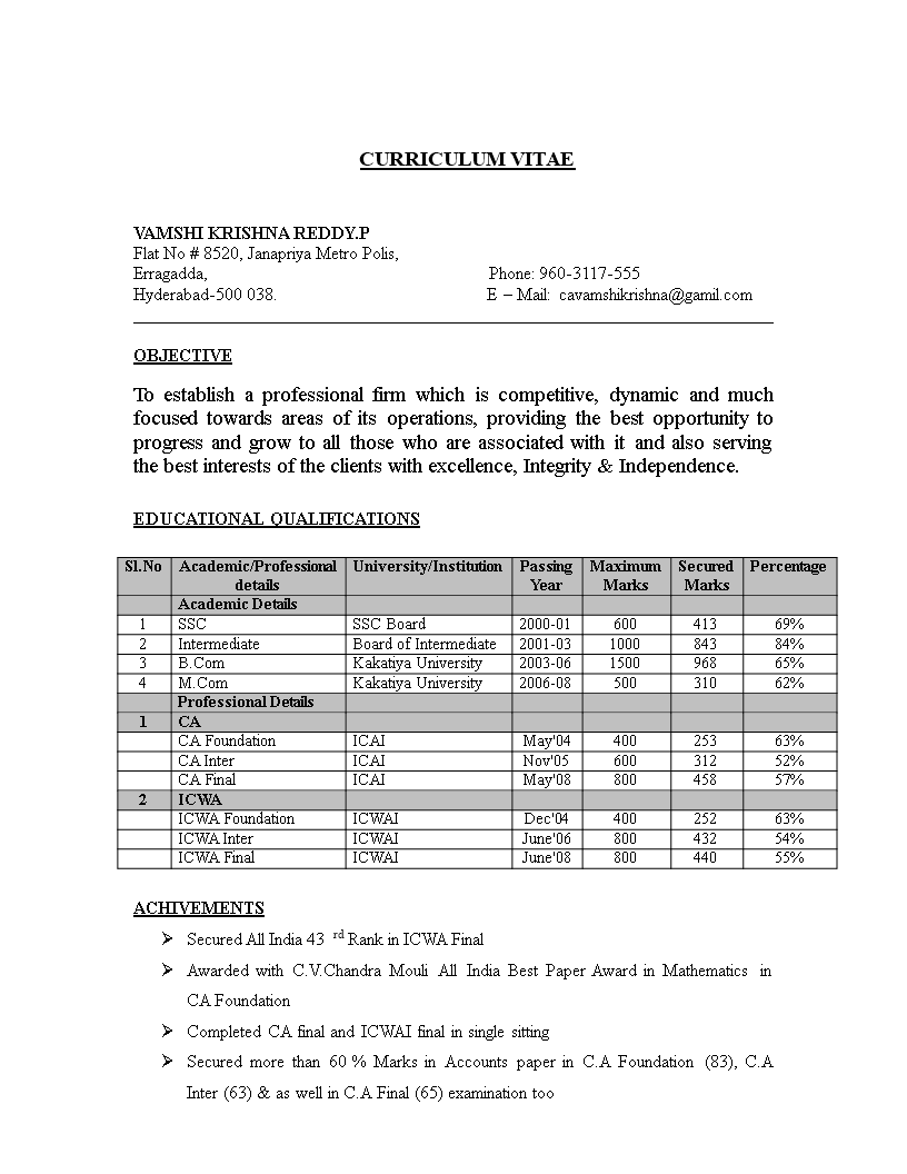 chartered accountant student resume Hauptschablonenbild