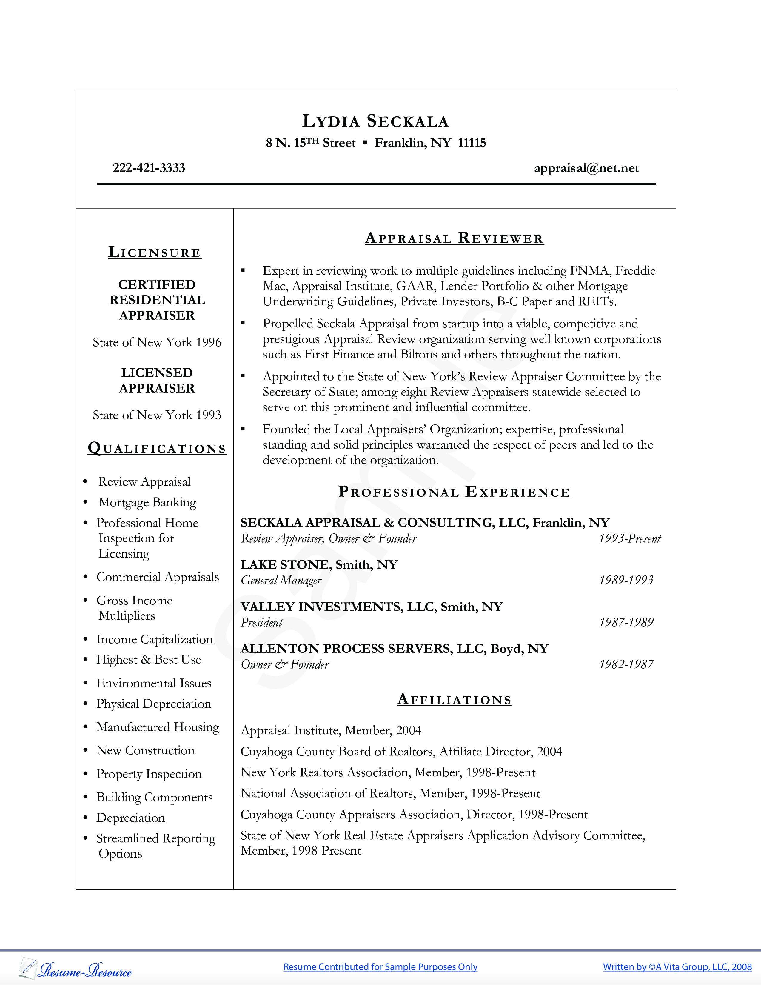 appraiser resume sample