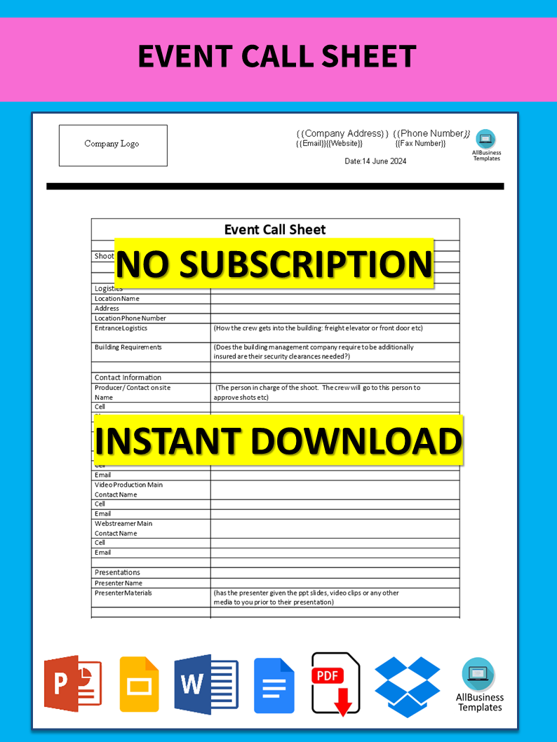 event call sheet Hauptschablonenbild