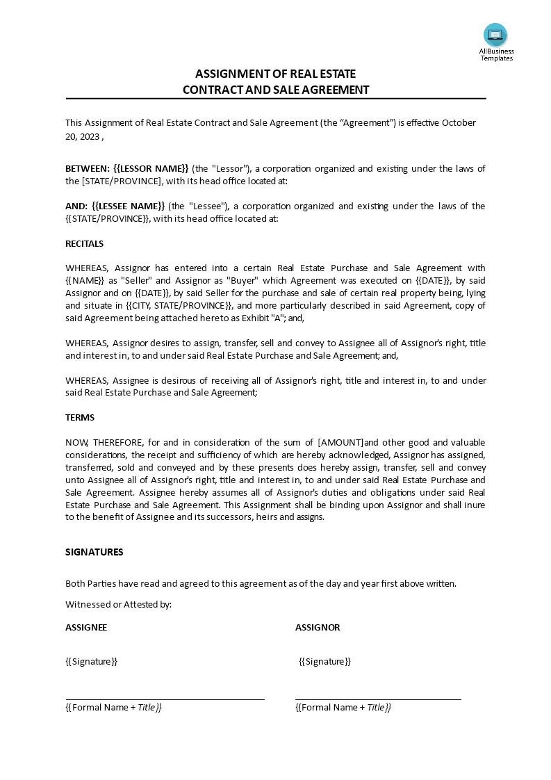 assignment of real estate contract and sale agreement template