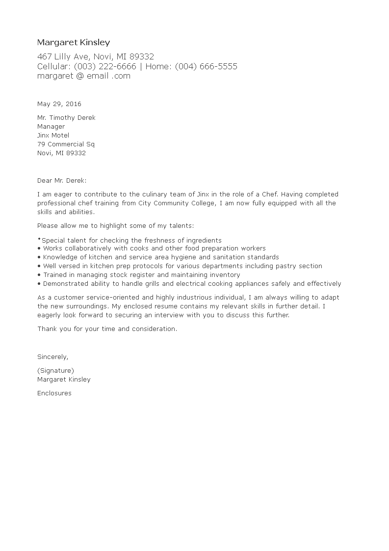 Chef Cover Letter No Experience Large Pictures Popular