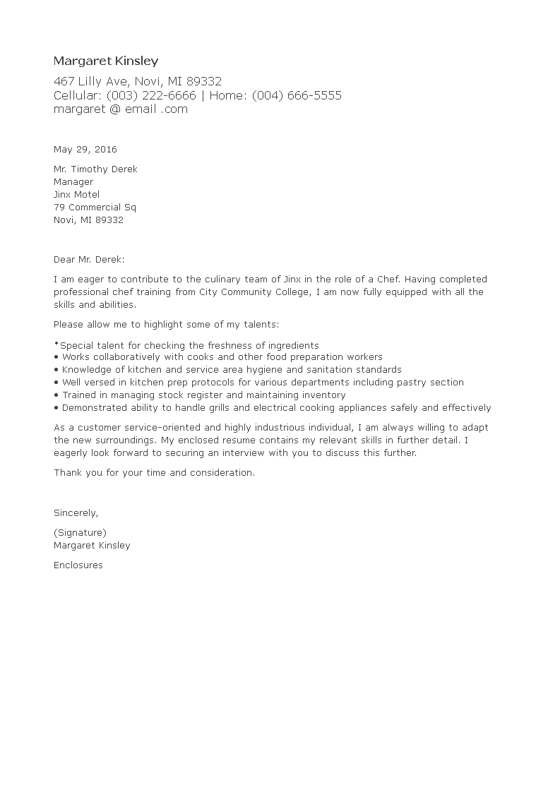 chef job application letter no working experience modèles