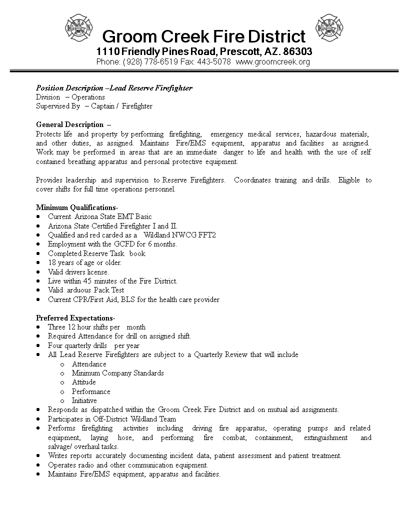 reserve firefighter job description modèles