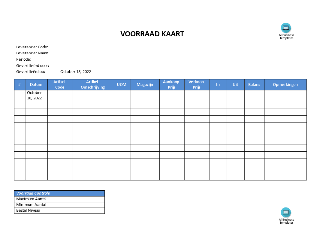 magazijn voorraadkaart voorbeeld afbeelding 