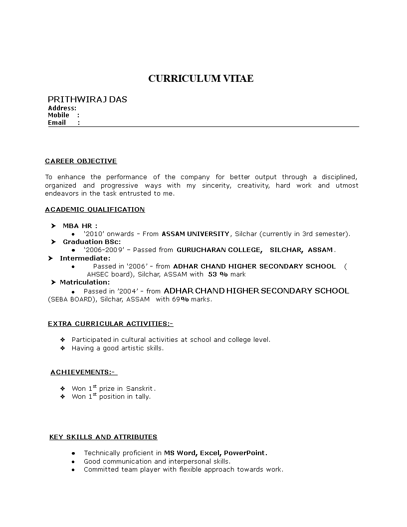 fresher resume mba template