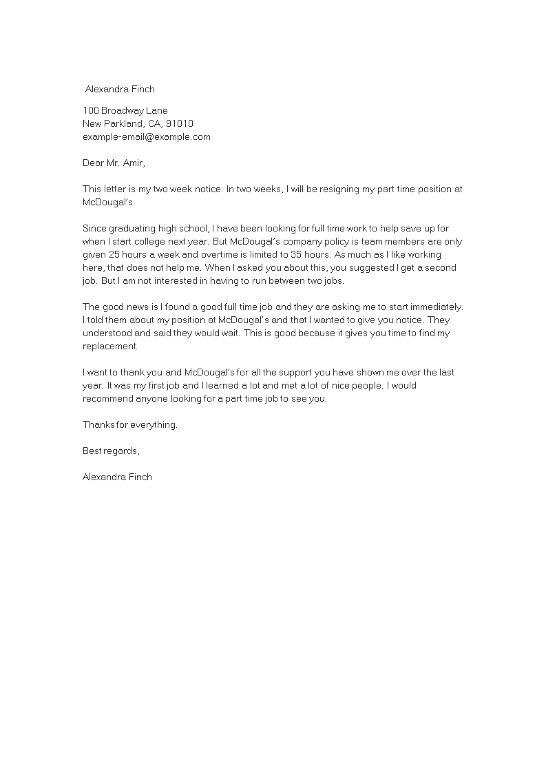 Kostenloses Part Time Job Resignation Letter