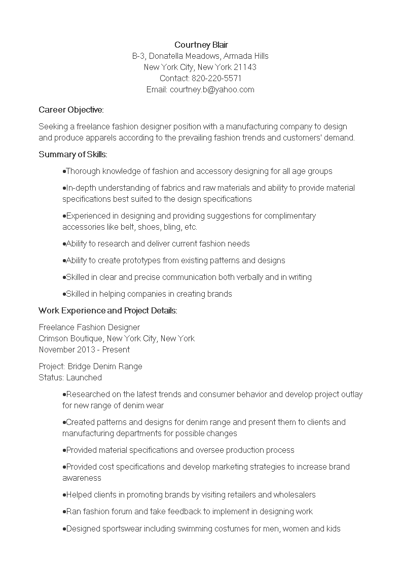 fashion designer resume modèles