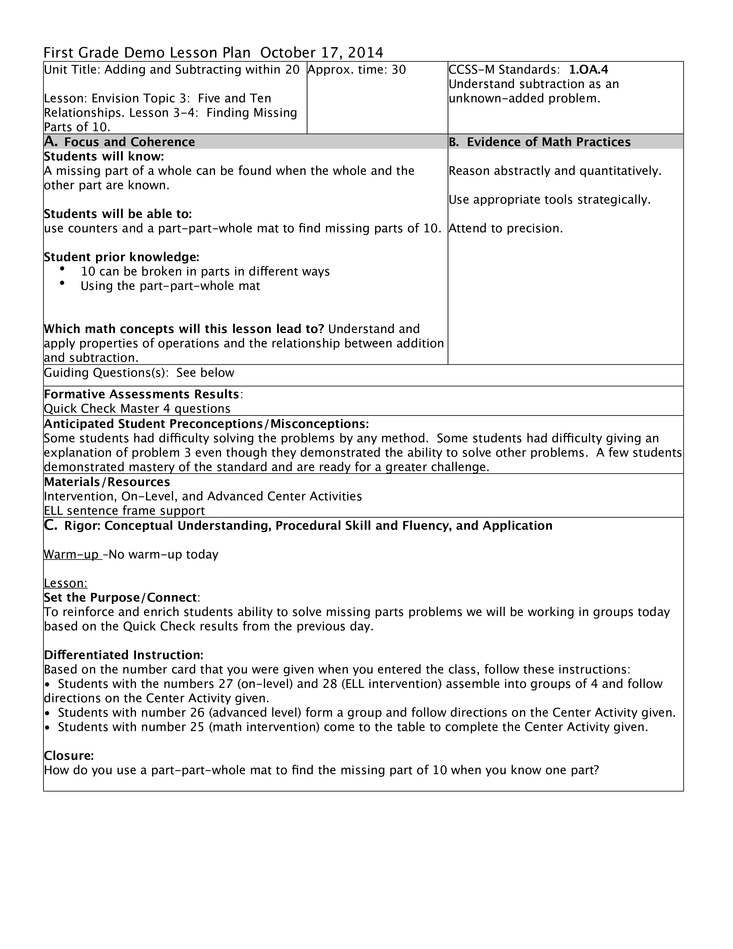 first grade math lesson plan Hauptschablonenbild