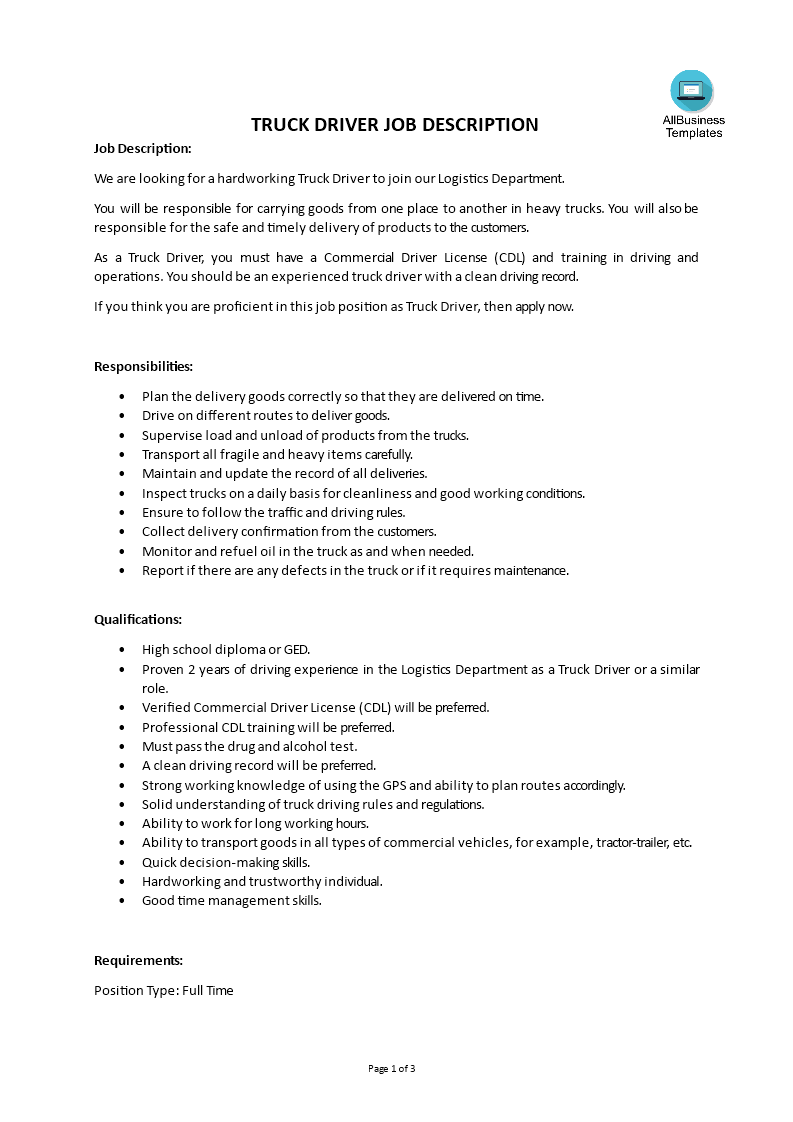 truck driver job description template