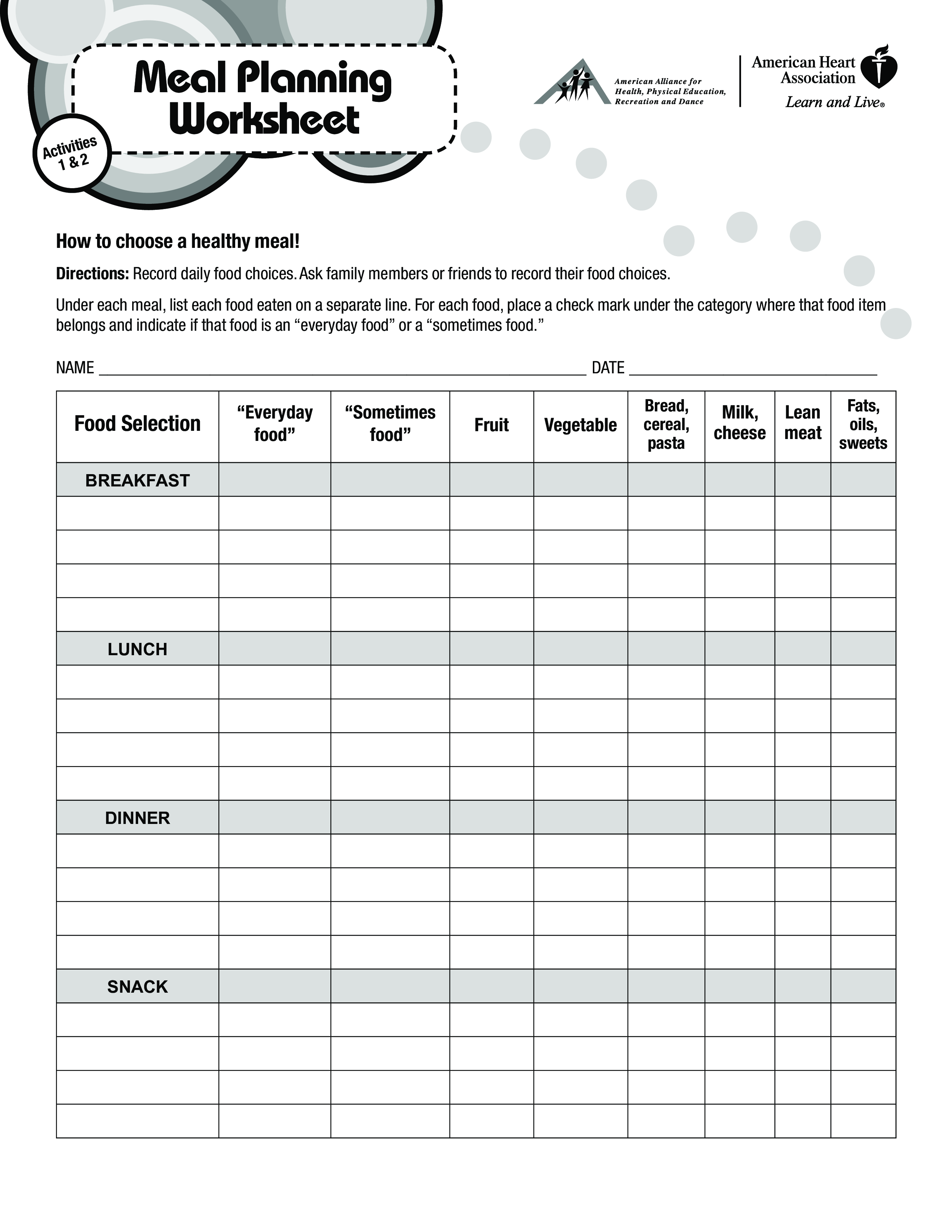 dinner meal plan template