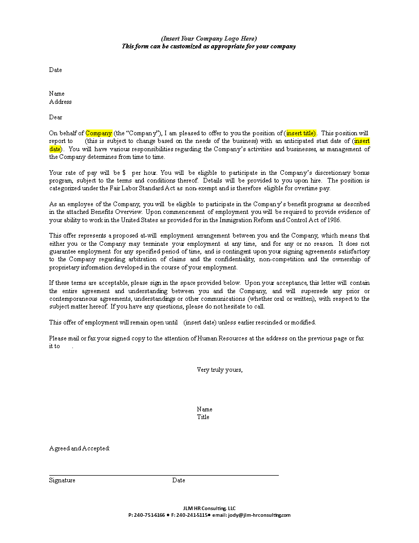 company offer letter sample modèles