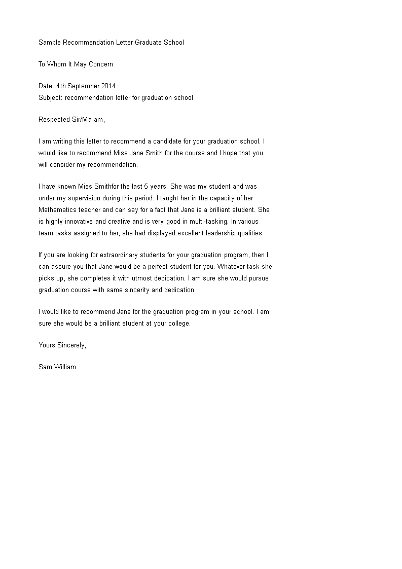 recommendation letter graduate school template