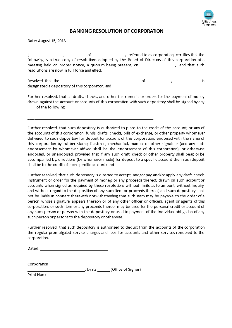 banking resolution of corporation Hauptschablonenbild