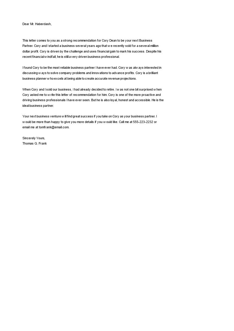 business partner recommendation letter Hauptschablonenbild