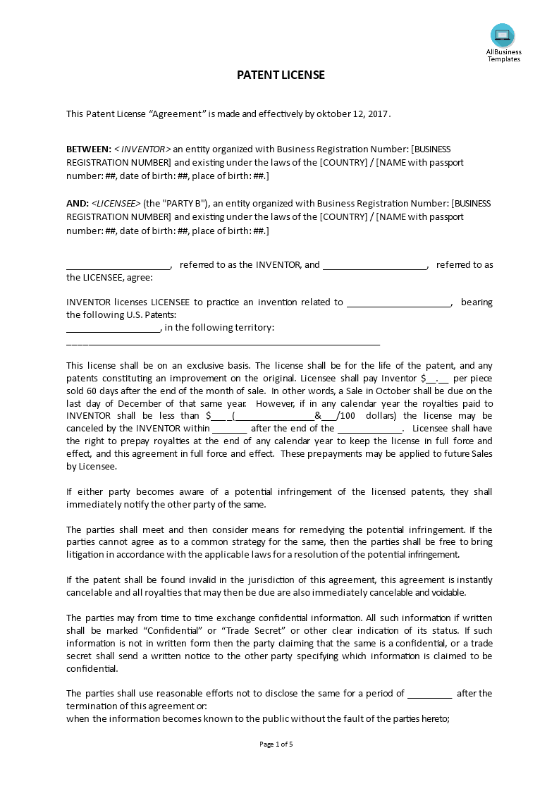 patent license Hauptschablonenbild