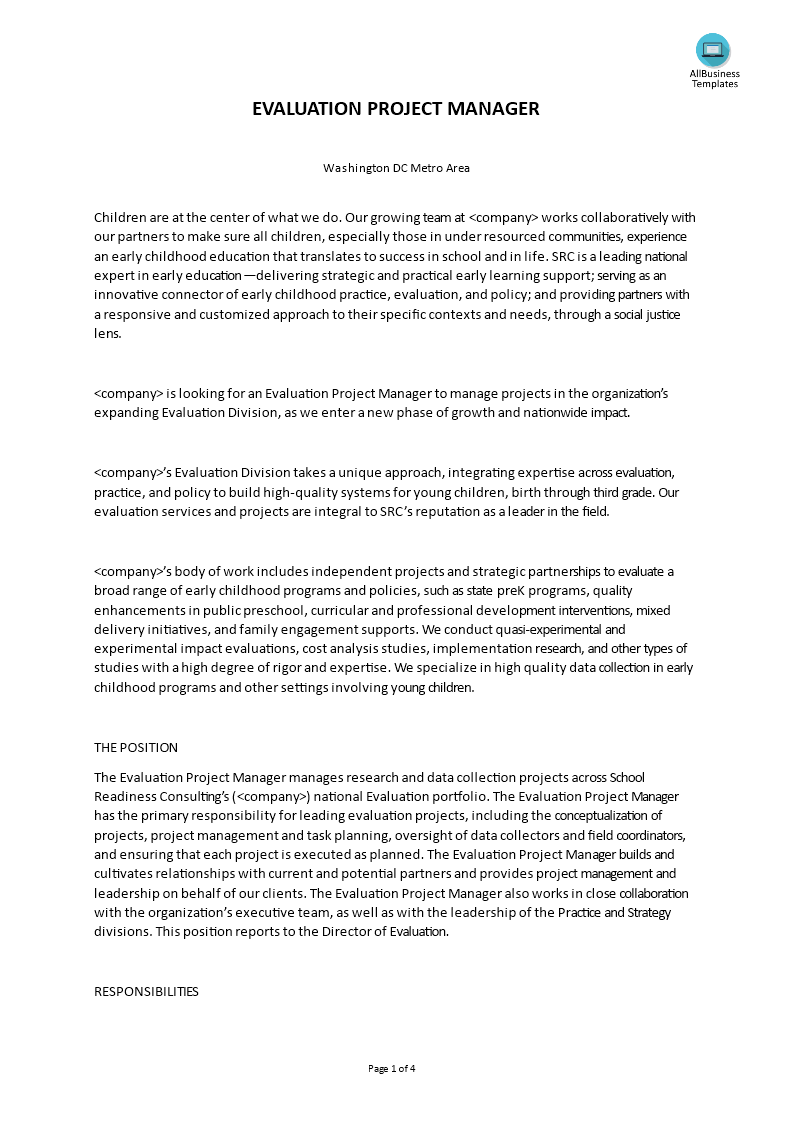 evaluation project manager job description template