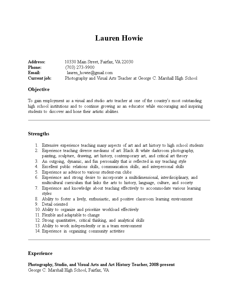 high school art teacher resume template