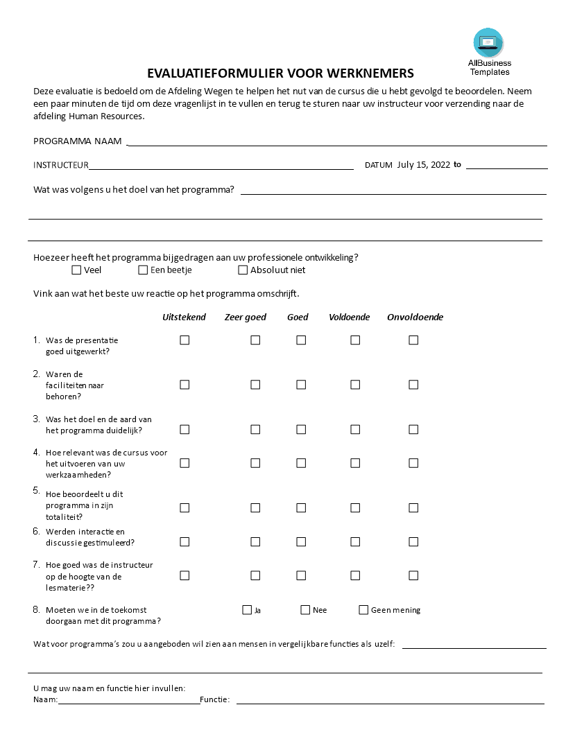 transport werknemer evaluatie formulier template